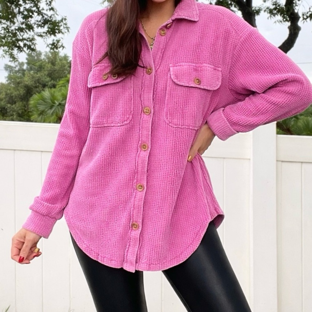 Lelis Collection Waffle Shacket Button Down Pockets Pink Large